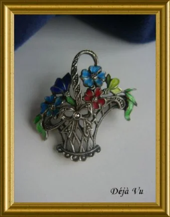 Oude zilveren broche : bloemenmandje - Afbeelding 4