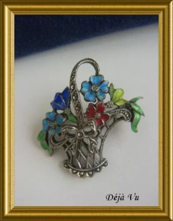 Oude zilveren broche : bloemenmandje - Afbeelding 5