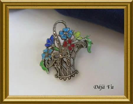 Oude zilveren broche : bloemenmandje - Afbeelding 7
