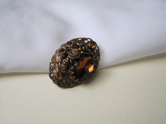 Broche Tsjechisch filigrain met amber kleurige kristal rijnsteen 3.6x2.5 cm - Afbeelding 2