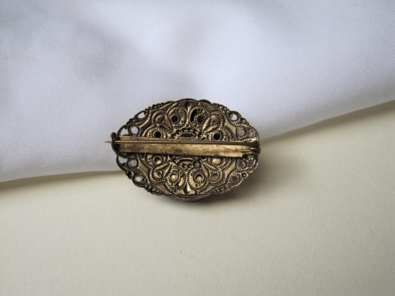 Broche Tsjechisch filigrain met amber kleurige kristal rijnsteen 3.6x2.5 cm - Afbeelding 4