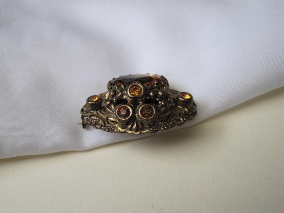 Broche Tsjechisch filigrain met amber kleurige kristal rijnsteen 3.6x2.5 cm - Afbeelding 5