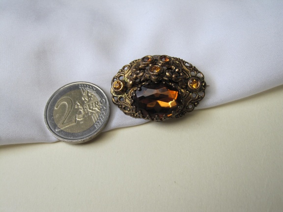 Broche Tsjechisch filigrain met amber kleurige kristal rijnsteen 3.6x2.5 cm - Afbeelding 6