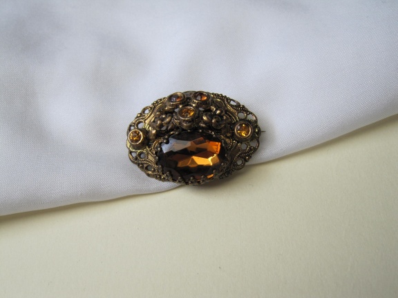Broche Tsjechisch filigrain met amber kleurige kristal rijnsteen 3.6x2.5 cm - Afbeelding 7