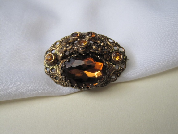Broche Tsjechisch filigrain met amber kleurige kristal rijnsteen 3.6x2.5 cm - Afbeelding 8