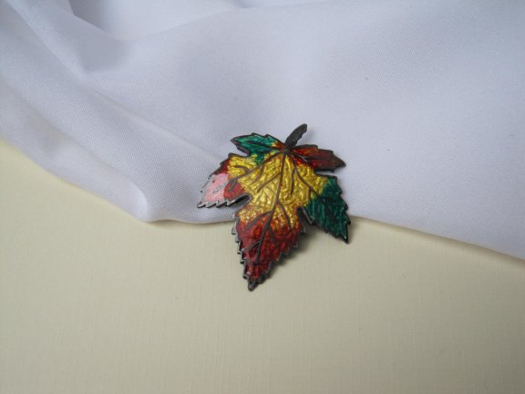 Zilveren broche antieke maple leaf esdoorn blad herfstkleuren emaille 4.1x3.5 cm - Afbeelding 5
