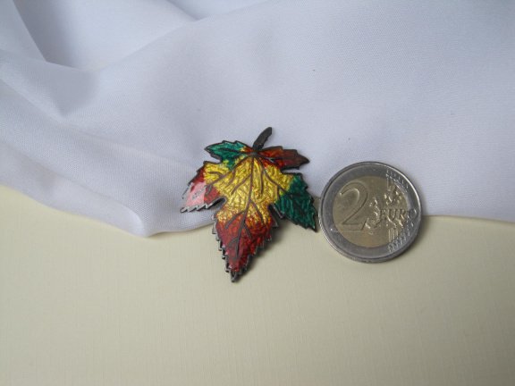 Zilveren broche antieke maple leaf esdoorn blad herfstkleuren emaille 4.1x3.5 cm - Afbeelding 6
