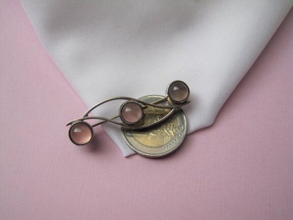 Zilveren broche modernistisch met drie rozenkwarts edelstenen 4.8x1.4 cm - Afbeelding 5