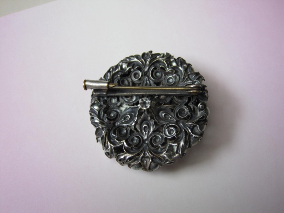 Antieke broche verzilverd met roze moonglow glassteen 3.9 cm - Afbeelding 3