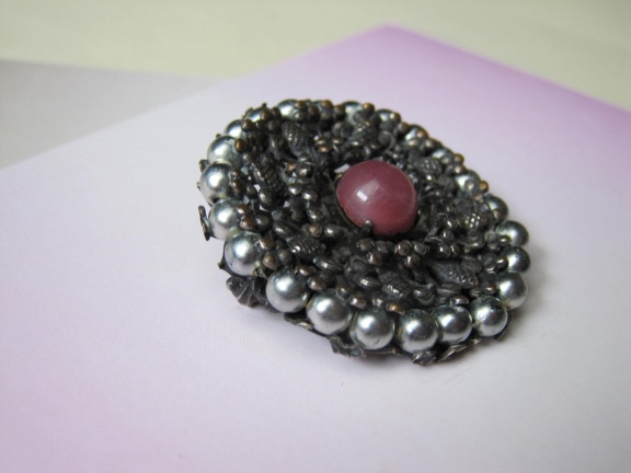 Antieke broche verzilverd met roze moonglow glassteen 3.9 cm - Afbeelding 5