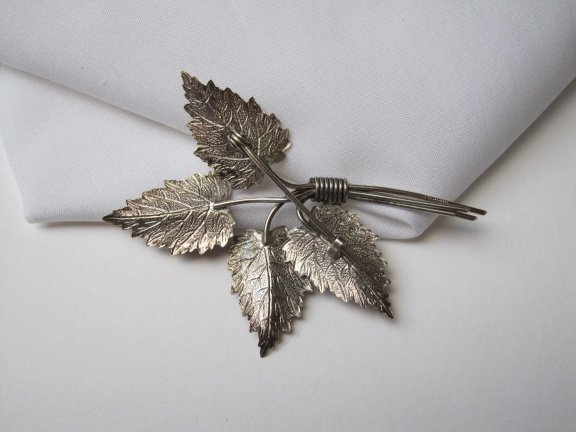 Zilveren broche antiek Art Deco blad takjes model 6.7x4.8 cm - Afbeelding 3