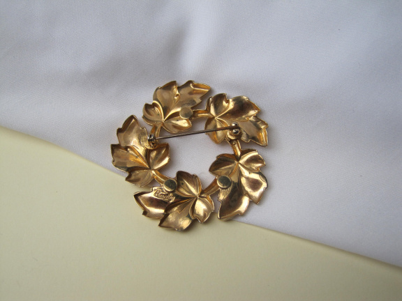 Broche antiek Barclay goudkleurig vergulde bladeren krans 5.5 cm - Afbeelding 2