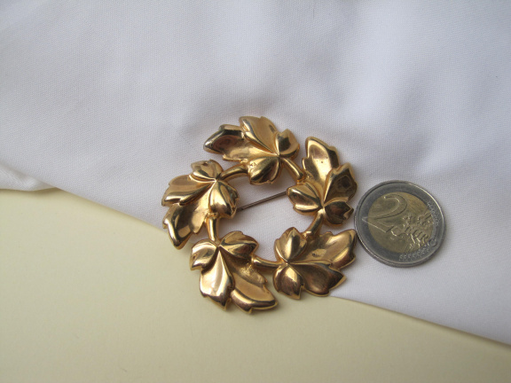 Broche antiek Barclay goudkleurig vergulde bladeren krans 5.5 cm - Afbeelding 5