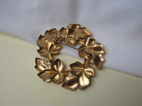 Broche antiek Barclay goudkleurig vergulde bladeren krans 5.5 cm - Afbeelding 6