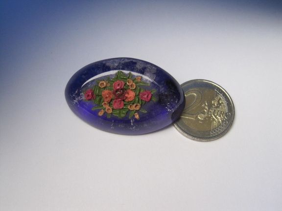 Broche antiek paars transparant lucite met bloemetjes opleg 4.5x2.8 cm - Afbeelding 2