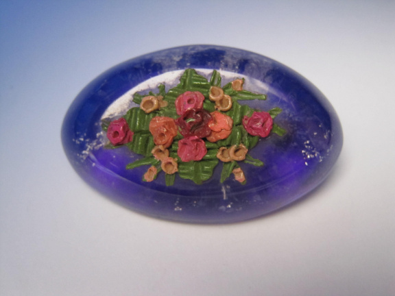 Broche antiek paars transparant lucite met bloemetjes opleg 4.5x2.8 cm - Afbeelding 3