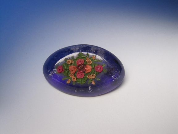Broche antiek paars transparant lucite met bloemetjes opleg 4.5x2.8 cm - Afbeelding 4