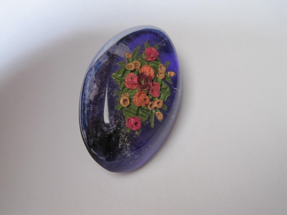 Broche antiek paars transparant lucite met bloemetjes opleg 4.5x2.8 cm - Afbeelding 5
