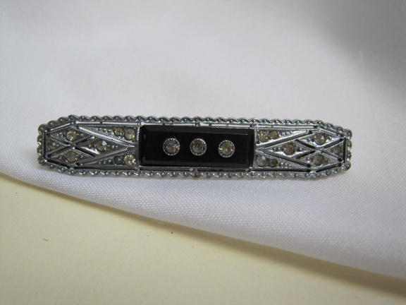 Broche antiek Art Deco zilverkleurig zwart en glassteentjes 5.1x0.9 cm - Afbeelding 2