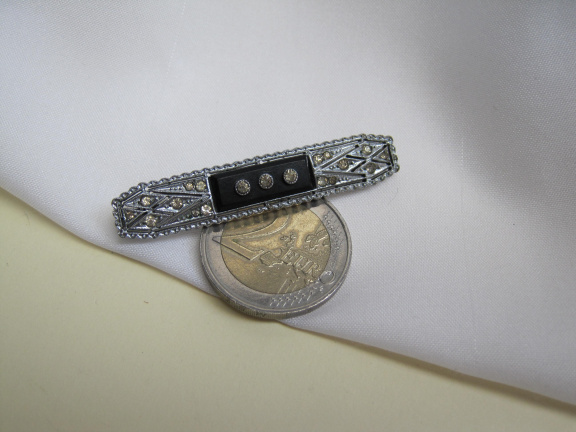 Broche antiek Art Deco zilverkleurig zwart en glassteentjes 5.1x0.9 cm - Afbeelding 3