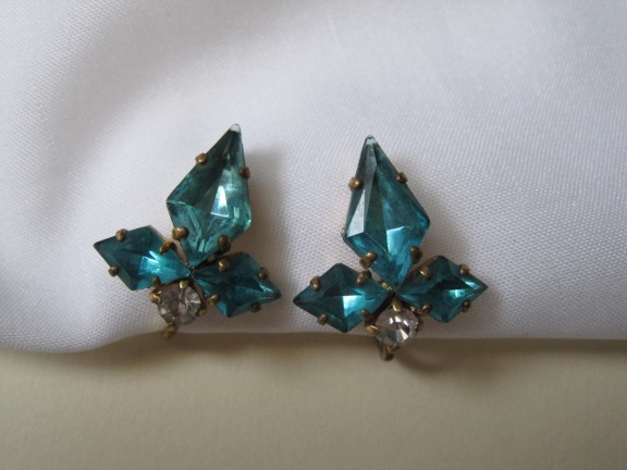 Oorbellen art deco antiek aqua blauw en helder glas schroefmodel Germany 1.9x2.2 cm - Afbeelding 6