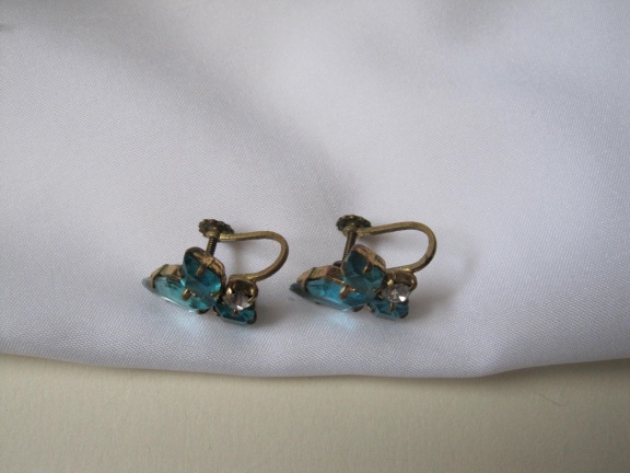 Oorbellen art deco antiek aqua blauw en helder glas schroefmodel Germany 1.9x2.2 cm - Afbeelding 7