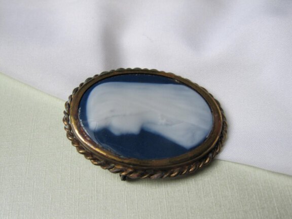 Broche antiek limoges porseleinen blauw wit Moeder Maria 5.4x4.2 cm - Afbeelding 3