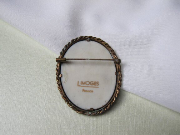 Broche antiek limoges porseleinen blauw wit Moeder Maria 5.4x4.2 cm - Afbeelding 4