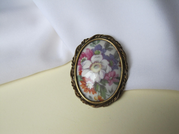 Broche antiek limoges porseleinen bloemafbeeding cabochon 4.7x3.6 cm - Afbeelding 3
