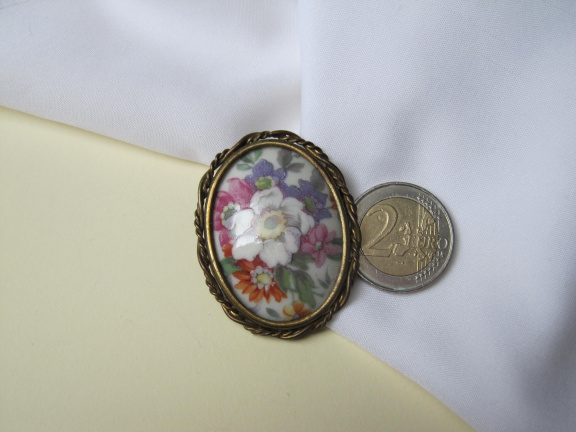 Broche antiek limoges porseleinen bloemafbeeding cabochon 4.7x3.6 cm - Afbeelding 4
