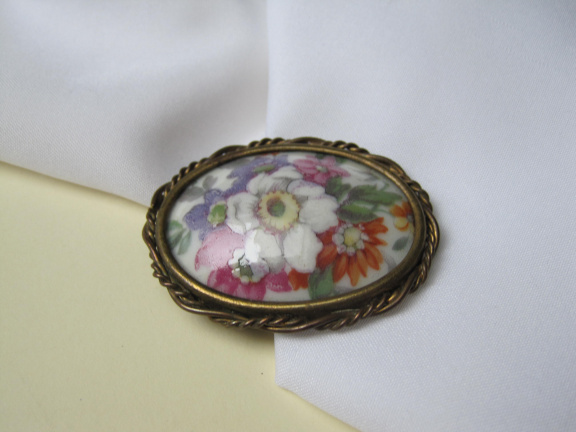 Broche antiek limoges porseleinen bloemafbeeding cabochon 4.7x3.6 cm - Afbeelding 5