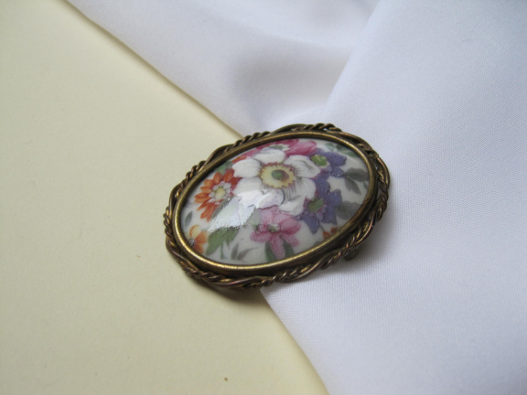 Broche antiek limoges porseleinen bloemafbeeding cabochon 4.7x3.6 cm - Afbeelding 6