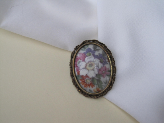 Broche antiek limoges porseleinen bloemafbeeding cabochon 4.7x3.6 cm - Afbeelding 8