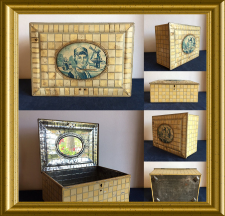 Oud blik met spiegeltje aan binnenkant; klederdracht // antique tin with mirror inside - nr. 1