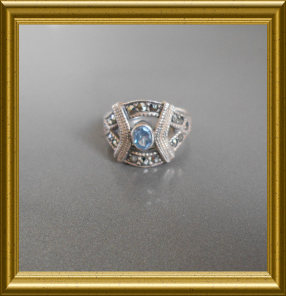 Mooie zilveren ring ; blauw met markasietjes - Afbeelding 2