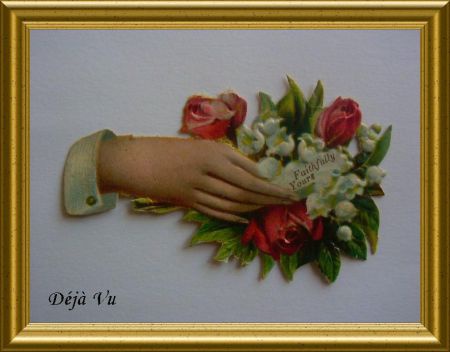 Antiek poezieplaatje : hand : lelietjes van dalen, rozen // victorian scrap : flowers - nr. 1