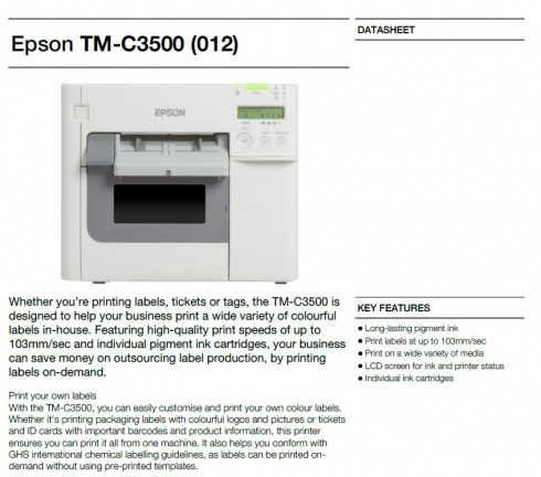 Epson ColorWorks C3500 Label Club Bundle 03, cutter, disp., USB, Ethernet, NiceLabel, white