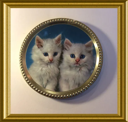 Oud klein rond plat chocolade blikje : poes - nr. 1