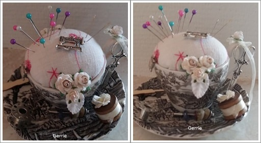 Brocante kopje met speldenkussen - nr. 1