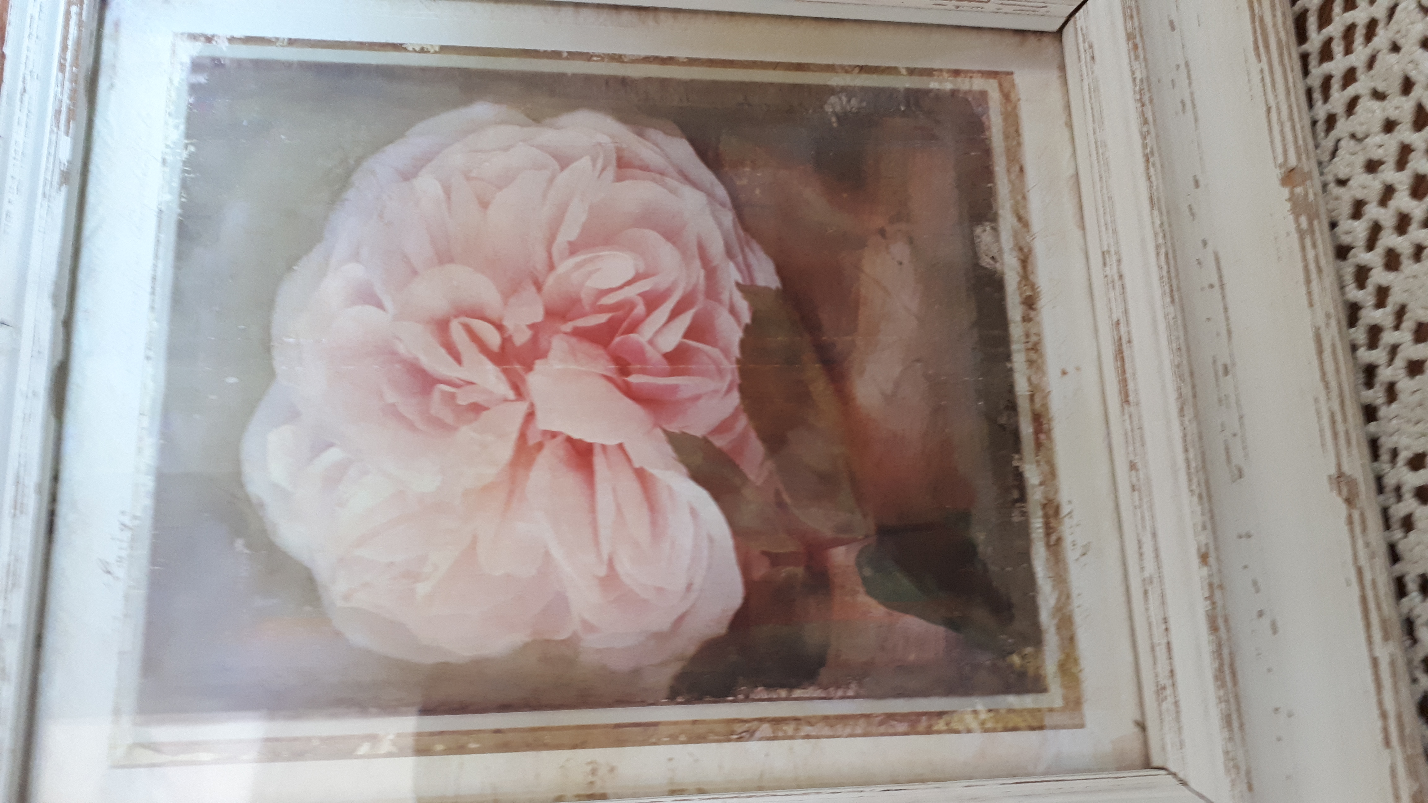 Landelijk Houten wit doorgeschuurde Lijst met bloemenprent - Afbeelding 3