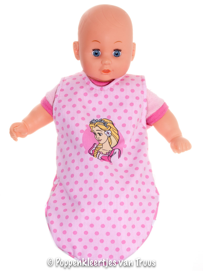 Popje 28 cm Slaapzak Assepoester roze/stippen