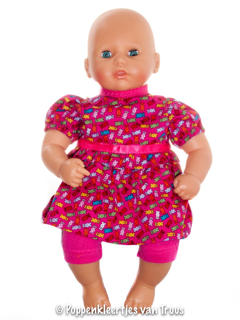 Annabel 36 cm Jurksetje fuchsia/beertjes
