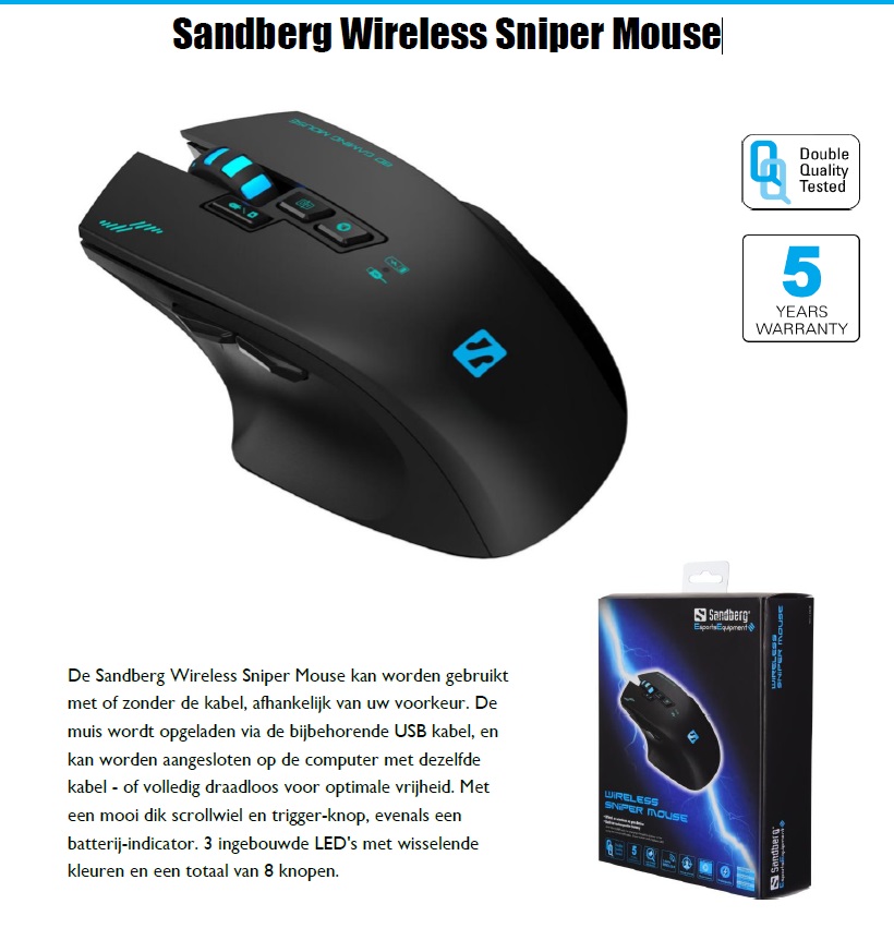 Wireless Sniper Mouse kan worden gebruikt met of zonder de kabel