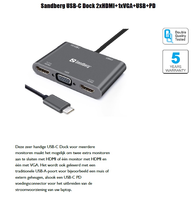 USB-C Dock 2xHDMI+1xVGA+USB+PD