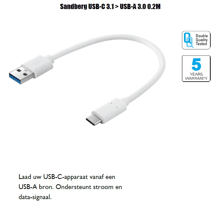 USB-C 3.1 > USB-A 3.0 0.2m Ondersteunt stroom en data-signaal