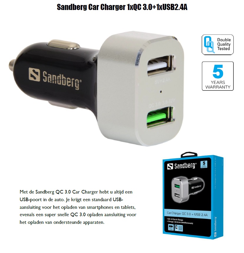 Car Charger 1xQC 3.0+1xUSB2.4A oplader voor tablet