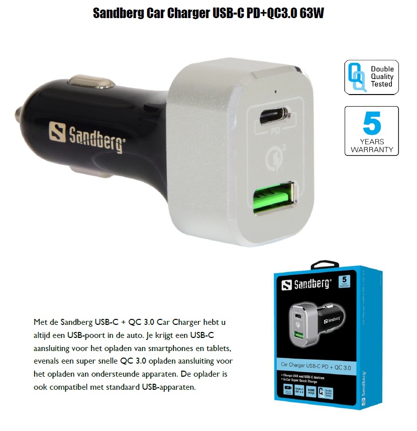 Car Charger USB-C PD+QC3.0 63W oplader smartphone tablet