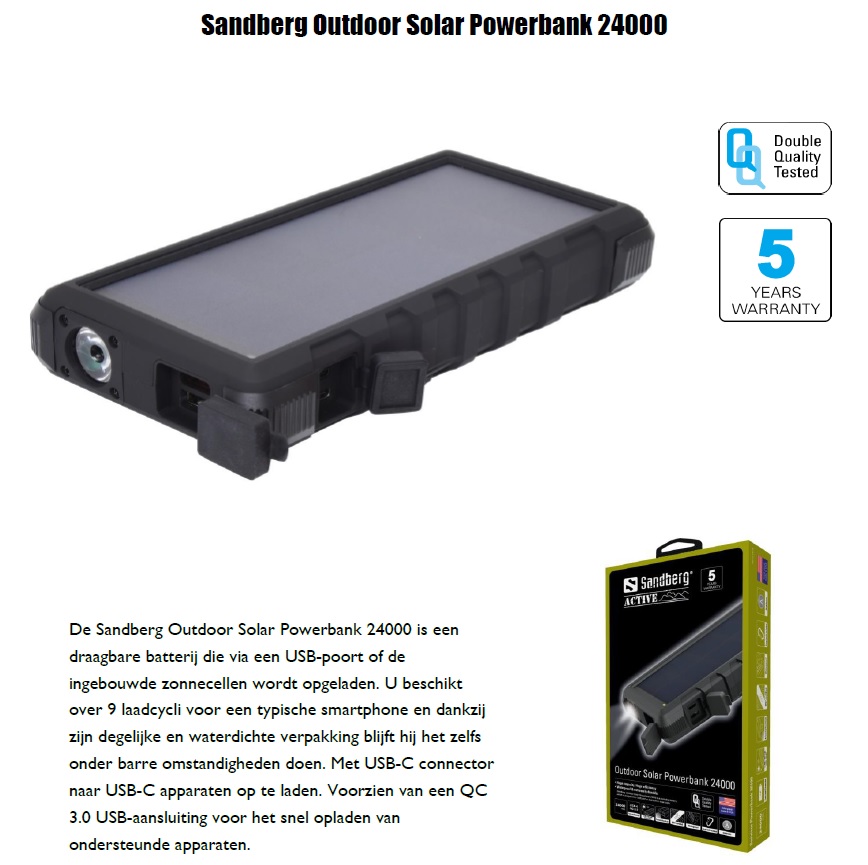 Outdoor Solar Powerbank 24000 draagbare batterij via USB-poort of ingebouwde zonnecellen opgeladen