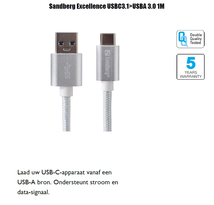 Excellence USB C 3.1 > USB A 3.0 1M Laad USB-C-apparaat USB-A bron ondersteunt stroom data-signaal