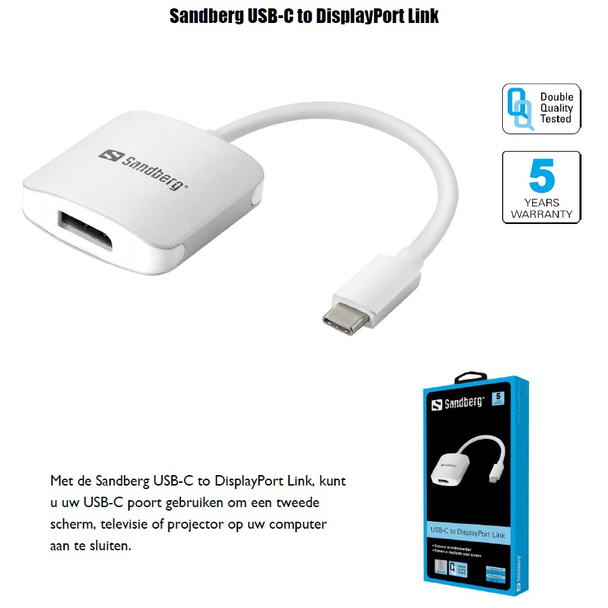 USB-C to DisplayPort Link USB-C poort aansluiting 2e scherm, televisie of projector op computer